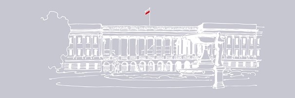 Logo of the new Saxon Palace with Polish national flag on top of the building